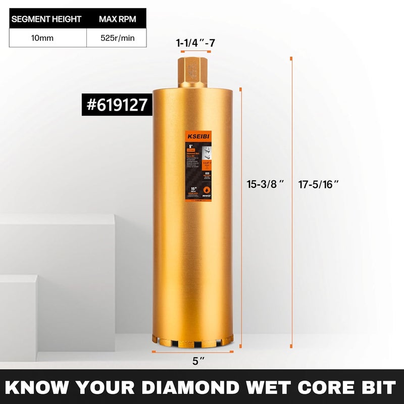 KSEIBI 619127 Wet Concrete Core Drill Bit, 5-Inch Diameter for Drilling Concrete, Marble, Granite, Brick, and Hard Masonry 16-Inch Drilling Depth, 1-1/4"-7 Arbor, 10mm Segment Height Diamond Hole Saw - Image 2